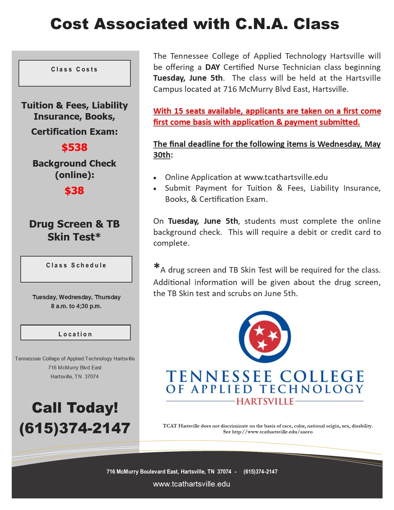 CNA Class to Begin June 5th TCAT Hartsville